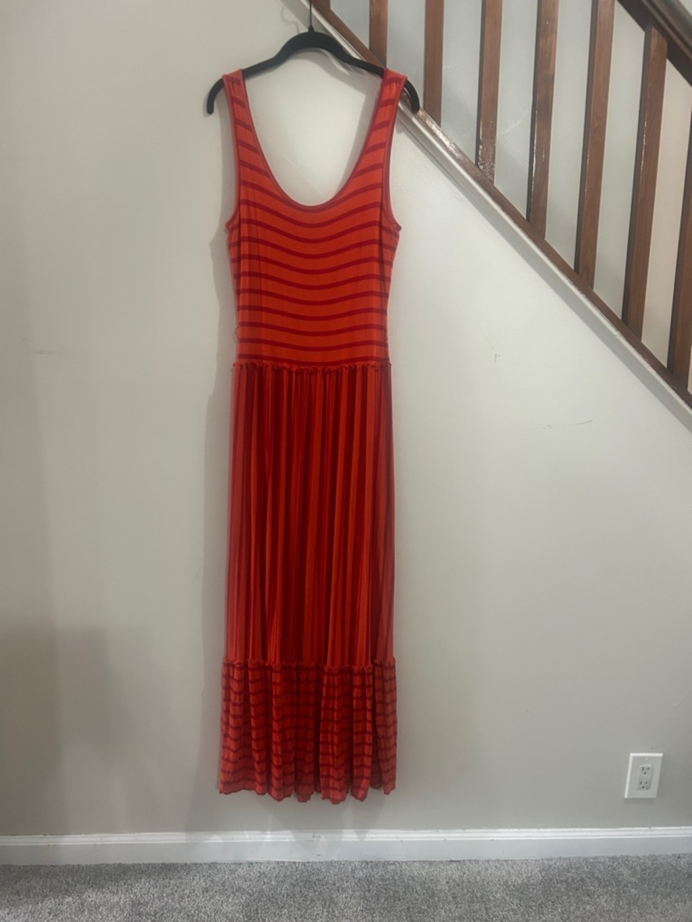 Calvin Klein Red Striped Scoop-Neck Maxi Dress with Ruffle Hem